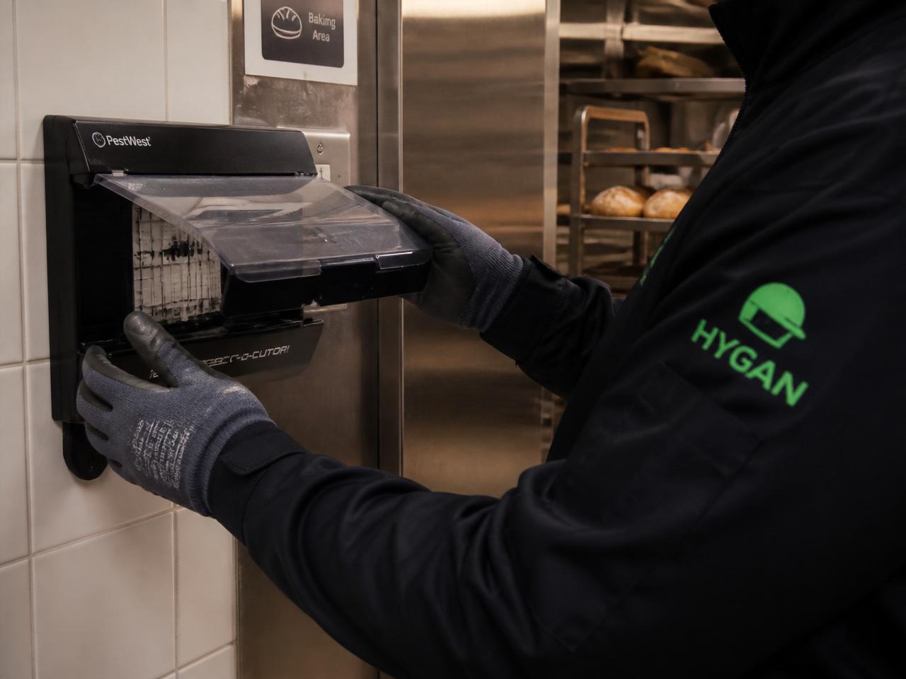 HYGAN Techniker prüft einen Insektenmonitor in einer Bäckerei