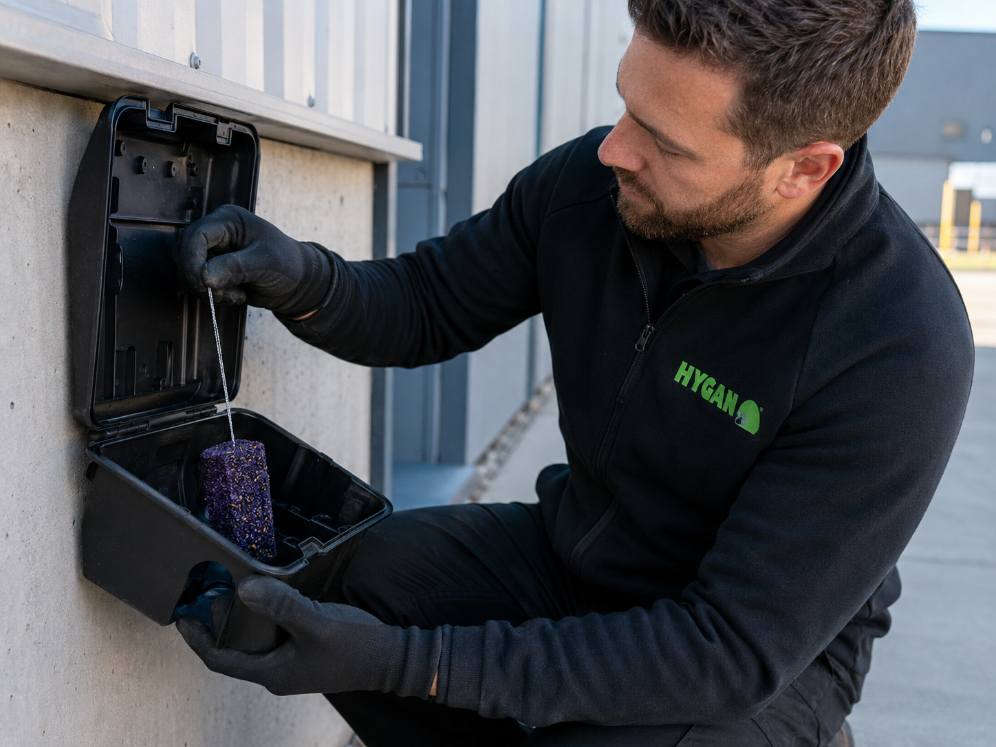HYGAN Techniker kontrolliert eine Köderstation an einem Industriegebäude